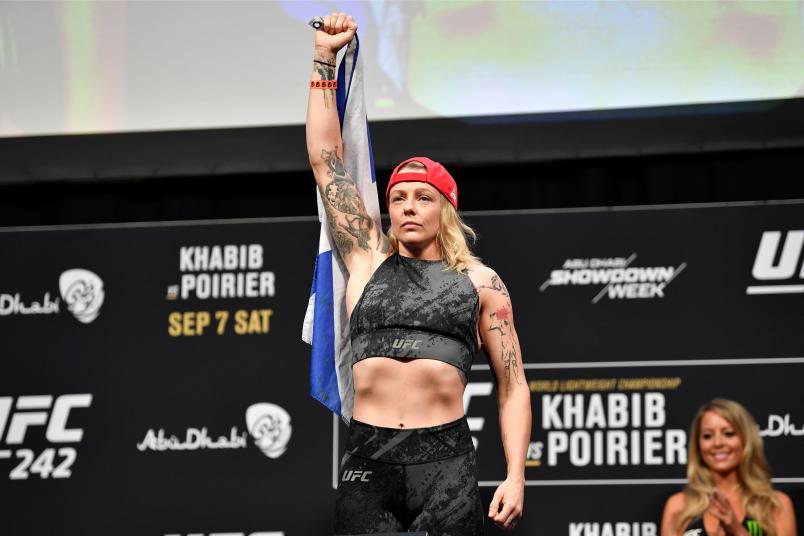ABU DHABI, UNITED ARAB EMIRATES - SEPTEMBER 06: Joanne Calderwood of United Kingdom poses on the scale during the UFC 242 weigh-in at The Arena on September 6, 2019 in Abu Dhabi, United Arab Emirates. (Photo by Jeff Bottari/Zuffa LLC)