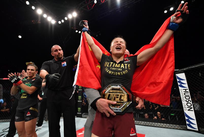Zhang Weili of China celebrates after her victory over Jessica Andrade in their UFC strawweight championship bout during the UFC Fight Night event at Shenzhen Universiade Sports Centre on August 31, 2019 in Shenzhen, China. (Photo by Brandon Magnus/Zuffa LLC)