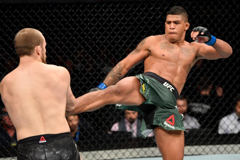 COPENHAGEN, DENMARK - SEPTEMBER 28: (R-L) Gilbert Burns of Brazil kicks Gunnar Nelson of Iceland in their welterweight bout during the UFC Fight Night event at Royal Arena on September 28, 2019 in Copenhagen, Denmark. (Photo by Jeff Bottari/Zuffa LLC/Zuffa LLC via Getty Images)