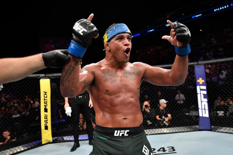 Gilbert Burns of Brazil celebrates his victory over Gunnar Nelson of Iceland in their welterweight bout during the UFC Fight Night event at Royal Arena on September 28, 2019 in Copenhagen, Denmark. (Photo by Jeff Bottari/Zuffa LLC via Getty Images)