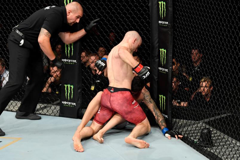 COPENHAGEN, DENMARK - SEPTEMBER 28: (L-R) Mark O. Madsen of Denmark punches Danilo Belluardo of Italy in their lightweight bout during the UFC Fight Night event at Royal Arena on September 28, 2019 in Copenhagen, Denmark. (Photo by Jeff Bottari/Zuffa LLC/Zuffa LLC via Getty Images)