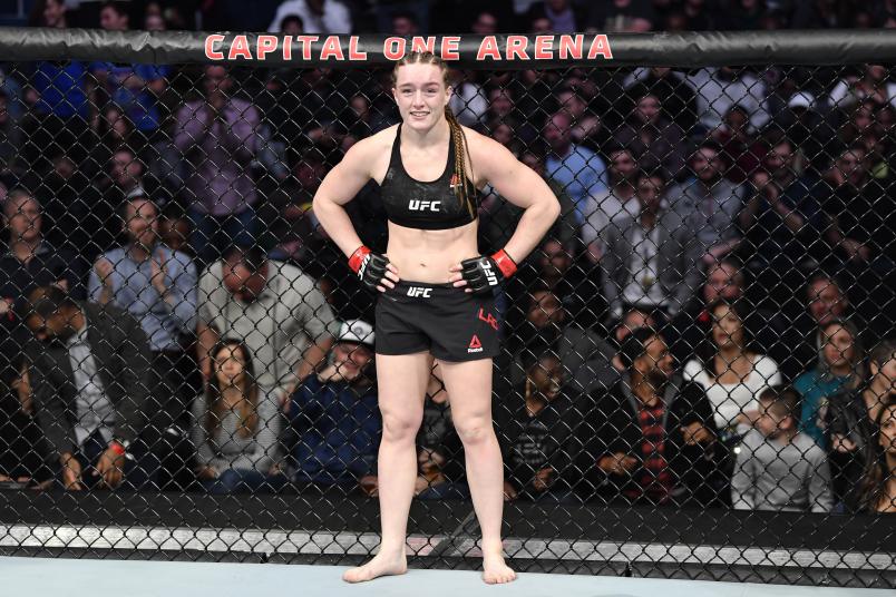 Aspen Ladd celebrates her TKO victory over Yana Kunitskaya of Russia in their women's bantamweight bout during the UFC Fight Night event at Capital One Arena on December 07, 2019 in Washington, DC. (Photo by Jeff Bottari/Zuffa LLC via Getty Images)