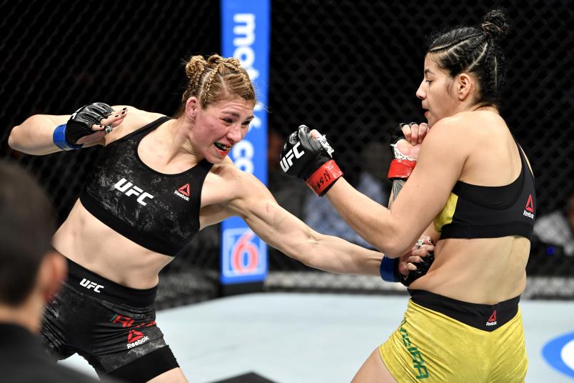 LAS VEGAS, NEVADA - DECEMBER 14: (L-R) Irene Aldana of Mexico strikes Ketlen Vieira of Brazil in their women's bantamweight bout during the UFC 245 event at T-Mobile Arena on December 14, 2019 in Las Vegas, Nevada. (Photo by Jeff Bottari/Zuffa LLC)