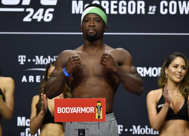 LAS VEGAS, NEVADA - JANUARY 17: Sodiq Yusuff of Nigeria poses on the scale during the UFC 246 weigh-in at Park Theater at Park MGM on January 17, 2020 in Las Vegas, Nevada. (Photo by Jeff Bottari/Zuffa LLC)