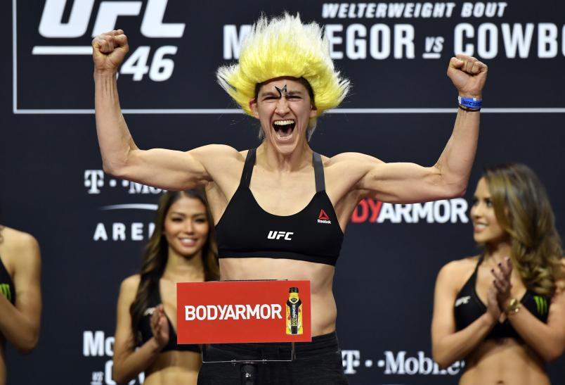 LAS VEGAS, NEVADA - JANUARY 17: Roxanne Modafferi poses on the scale during the UFC 246 weigh-in at Park Theater at Park MGM on January 17, 2020 in Las Vegas, Nevada. (Photo by Jeff Bottari/Zuffa LLC)
