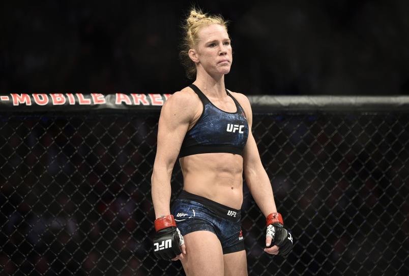 LAS VEGAS, NEVADA - JANUARY 18: Holly Holm enters the octagon in her bantamweight fight during the UFC 246 event at T-Mobile Arena on January 18, 2020 in Las Vegas, Nevada. (Photo by Chris Unger/Zuffa LLC via Getty Images)