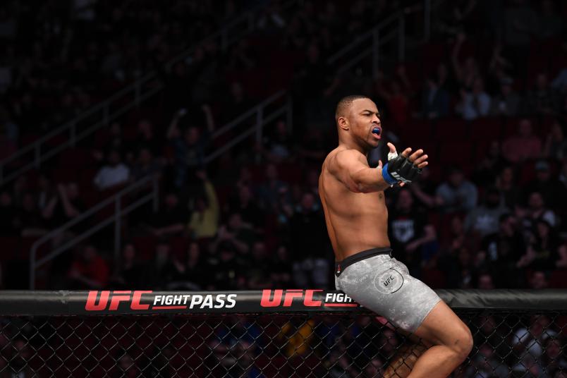 HOUSTON, TEXAS - FEBRUARY 08: Khaos Williams celebrates his TKO victory over Alex Morono in their welterweight bout during the UFC 247 event at Toyota Center on February 08, 2020 in Houston, Texas. (Photo by Josh Hedges/Zuffa LLC)