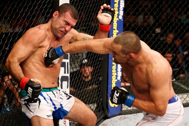 NATAL, BRAZIL - MARCH 23: (R-L) Dan Henderson punches Mauricio "Shogun" Rua in their light heavyweight bout during the UFC Fight Night event at Ginasio Nelio Dias on March 23, 2014 in Natal, Brazil. (Photo by Josh Hedges/Zuffa LLC/Zuffa LLC via Getty Images)