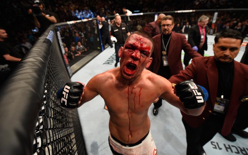 LAS VEGAS, NV - MARCH 05: Nate Diaz reacts to his victory over Conor McGregor of Ireland in their welterweight bout during the UFC 196 event inside MGM Grand Garden Arena on March 5, 2016 in Las Vegas, Nevada. (Photo by Josh Hedges/Zuffa LLC/Zuffa LLC via Getty Images)