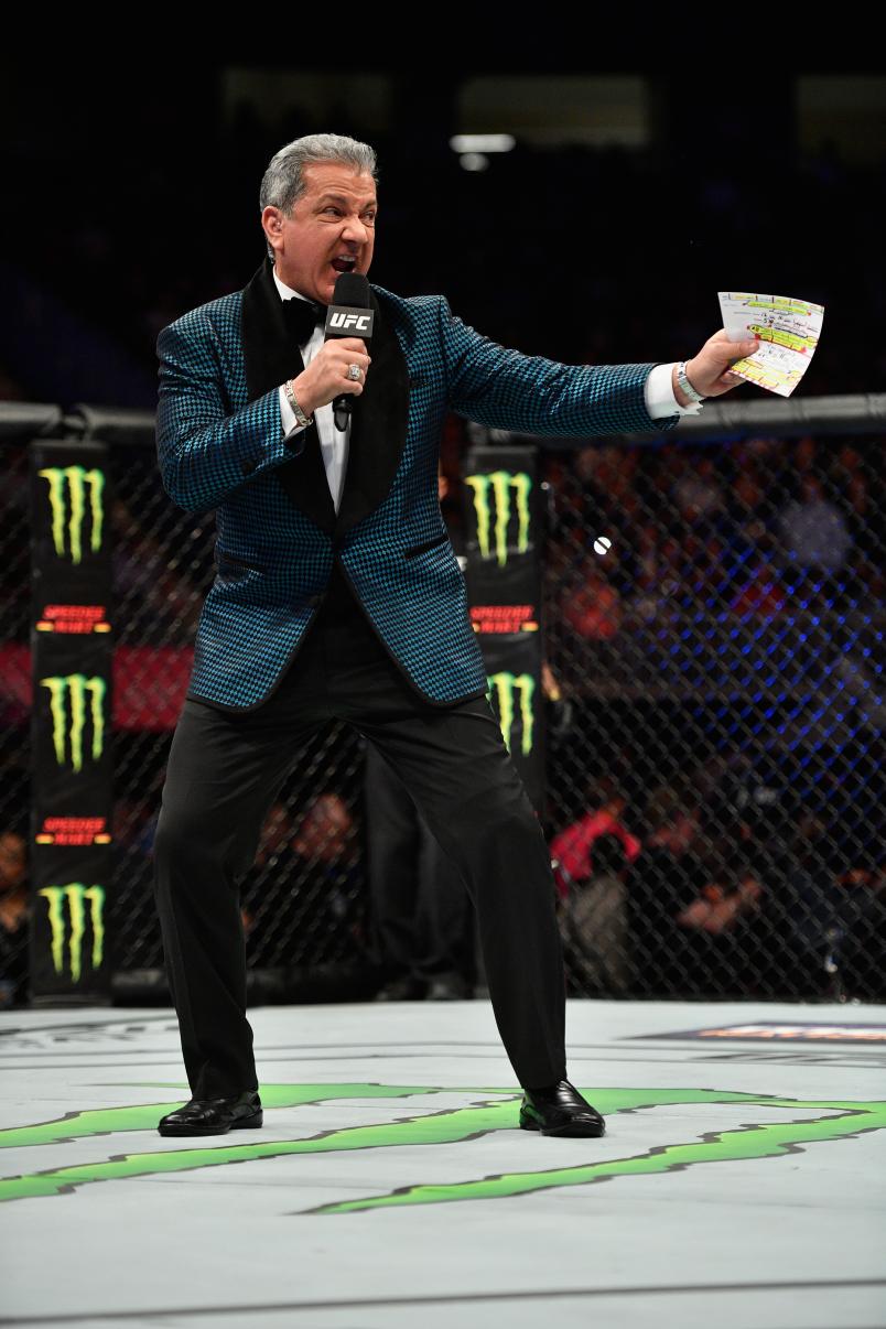 Octagon announcer Bruce Buffer introduces Alistair Overeem and Mark Hunt before their heavyweight bout during the UFC 209 event at T-Mobile Arena on March 4, 2017 in Las Vegas, Nevada. (Photo by Jeff Bottari/Zuffa LLC via Getty Images)