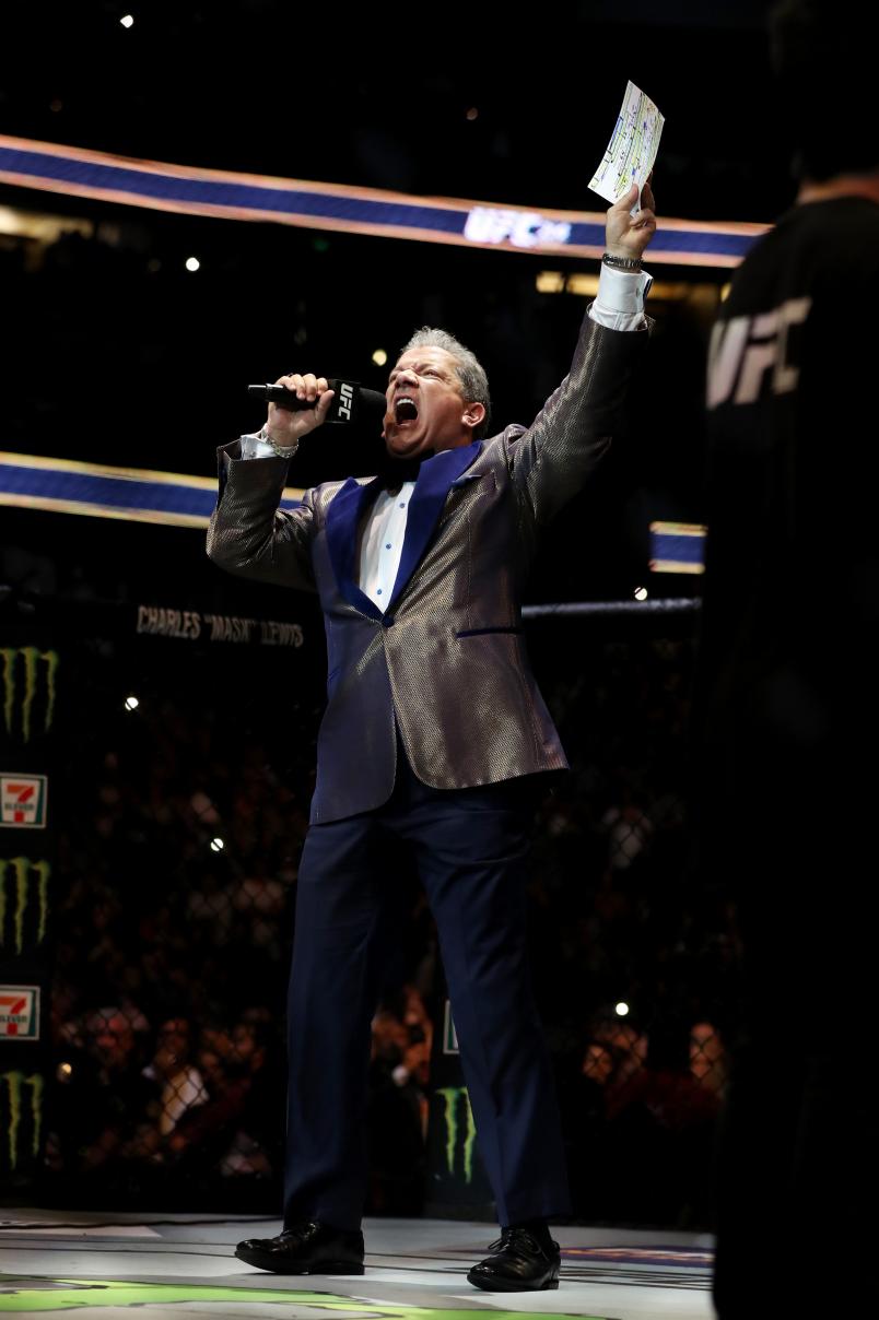 Bruce Buffer introduces the fighters prior to the UFC light heavyweight championship bout between Daniel Cormier and Jon Jones during the UFC 214 event at Honda Center on July 29, 2017 in Anaheim, California. (Photo by Christian Petersen/Zuffa LLC via Getty Images)