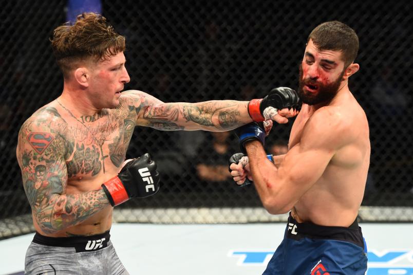 PITTSBURGH, PA - SEPTEMBER 16: (L-R) Gregor Gillespie punches Jason Gonzalez in their lightweight bout during the UFC Fight Night event inside the PPG Paints Arena on September 16, 2017 in Pittsburgh, Pennsylvania. (Photo by Josh Hedges/Zuffa LLC/Zuffa LLC via Getty Images)