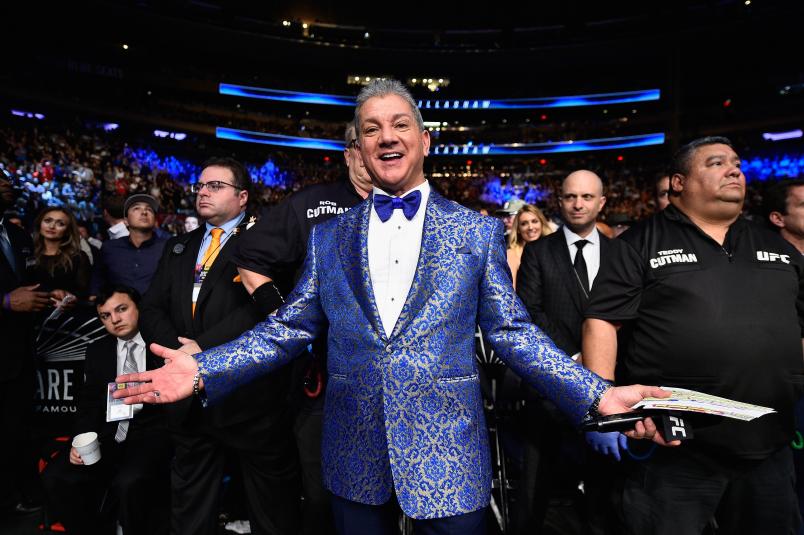 Announcer Bruce Buffer smiles before introducing Cody Garbrandt and TJ Dillashaw for their UFC bantamweight championship bout during the UFC 217 event at Madison Square Garden on November 4, 2017 in New York City. (Photo by Jeff Bottari/Zuffa LLC via Getty Images)