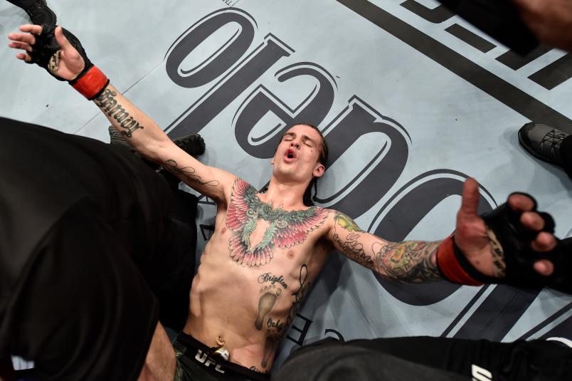 LAS VEGAS, NV - MARCH 03: Sean O'Malley celebrates after his unanimous-decision victory over Andre Soukhamthath in their bantamweight bout during the UFC 222 event inside T-Mobile Arena on March 3, 2018 in Las Vegas, Nevada. (Photo by Jeff Bottari/Zuffa LLC/Zuffa LLC via Getty Images)