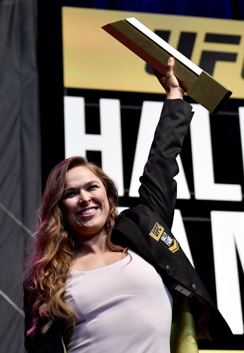 LAS VEGAS, NV - JULY 05: Ronda Rousey poses with her trophy after her induction into the UFC Hall of Fame during the UFC Hall of Fame Class of 2018 Induction Ceremony inside The Pearl concert theater at Palms Casino Resort on July 5, 2018 in Las Vegas, Nevada. (Photo by Brandon Magnus/Zuffa LLC/Zuffa LLC via Getty Images)
