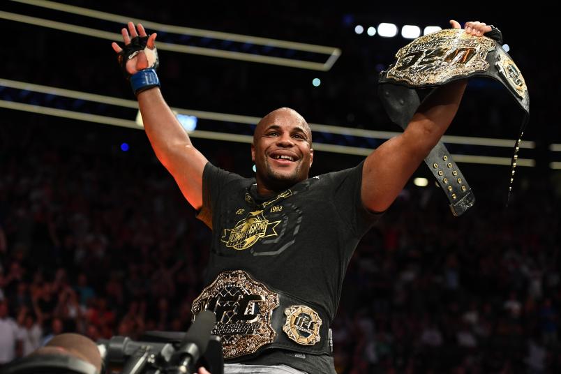 LAS VEGAS, NV - JULY 07: Daniel Cormier celebrates his victory over Stipe Miocic in their UFC heavyweight championship fight during the UFC 226 event inside T-Mobile Arena on July 7, 2018 in Las Vegas, Nevada. (Photo by Josh Hedges/Zuffa LLC/Zuffa LLC via Getty Images)