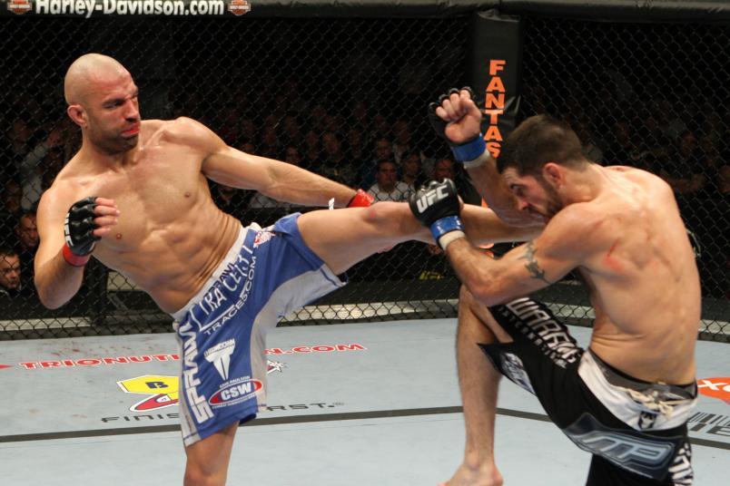 MANCHESTER, ENGLAND - NOVEMBER 14: Matt Brown (black/white shorts) def. James Wilks (blue shorts) - TKO - 2:27 round 3 during UFC 105 at M.E.N. Arena on November 14, 2009 in Manchester, England. (Photo by Josh Hedges/Zuffa LLC via Getty Images)