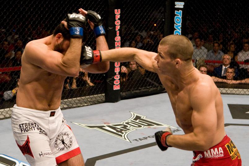 MONTREAL - APRIL 19: Michael Bisping (red shorts) def. Charles McCarthy (white shorts) - TKO - 5:00 round 1 during the UFC 83 at Bell Centre on April,19,2008 in Montreal, Canada. (Photo by: Josh Hedges/Zuffa LLC via Getty Images)