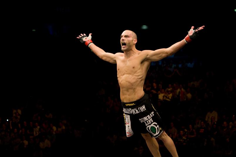 Mike Swick (black shorts) def. Ben Saunders (white shorts) - TKO - 3:47 round 2 during UFC 99 at Lanxess Arena on June 13, 2009 in Cologne, Germany. (Photo by Josh Hedges/Zuffa LLC via Getty Images)
