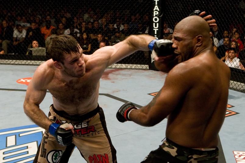 Forrest Griffin (tan shorts) def. Quinton "Rampage" Jackson (black/camo shorts) - Unanimous Decision during the UFC 86 at the Mandalay Bay Events Center on July 5,2008 in Las Vegas, Nevada. (Photo by: Josh Hedges/Zuffa LLC via Getty Images)