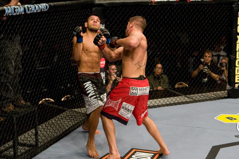 LAS VEGAS - NOVEMBER 15: Jeremy Stephens (red shorts) def. Rafael dos Anjos (black/white/red shorts) - KO - :39 round 3 during the UFC 91 at MGM Grand Garden Arena on November 15, 2008 in Las Vegas, Nevada. (Photo by: Josh Hedges/Zuffa LLC via Getty Images)