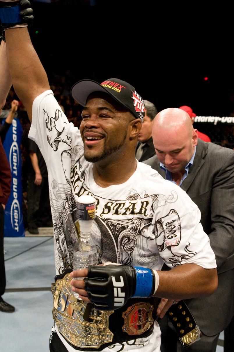 LAS VEGAS, NV - DECEMBER 27: Rashad Evans (black shorts) def. Forrest Griffin (tan/brown shorts) - TKO 2:46 round 3 during the UFC 92 at MGM Grand Garden Arena on December 27, 2008 in Las Vegas, Nevada. (Photo by: Josh Hedges/Zuffa LLC via Getty Images)