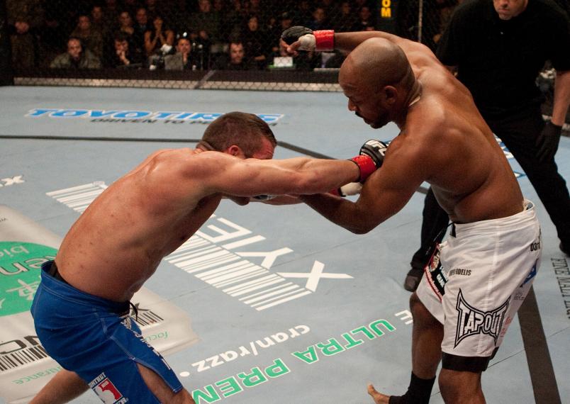 MIRAMAR, CA - DECEMBER 13: (L-R) Marcus Davis punches Shonie Carter at UFC Fight Night 7 at the Marine Corps Air Station Miramar on December 13, 2006 in Miramar, California. (Photo by Josh Hedges/Zuffa LLC/Zuffa LLC via Getty Images)