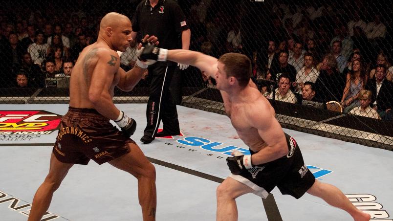 LAS VEGAS - APRIL 16: Matt Hughes (black shorts) battles Frank Trigg (brown shorts) during UFC 52 at the MGM Grand Garden Arena on April 16, 2005 in Las Vegas, Nevada. (Photo by Josh Hedges/Zuffa LLC/Zuffa LLC via Getty Images)