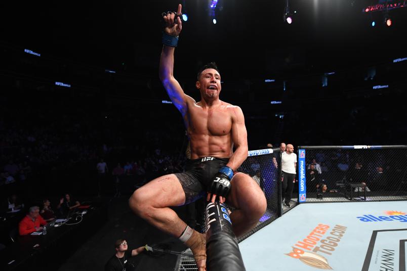 NASHVILLE, TENNESSEE - MARCH 23: Chris Gutierrez reacts after the conclusion of his bantamweight bout against Ryan MacDonald during the UFC Fight Night event at Bridgestone Arena on March 23, 2019 in Nashville, Tennessee. (Photo by Jeff Bottari/Zuffa LLC)