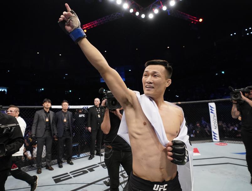 BUSAN, SOUTH KOREA - DECEMBER 21: Chan Sung Jung of celebrates after knocking out Frankie Edgar in their featherweight fight during the UFC Fight Night event at Sajik Arena 3 on December 21, 2019 in South Korea. (Photo by Jeff Bottari/Zuffa LLC)