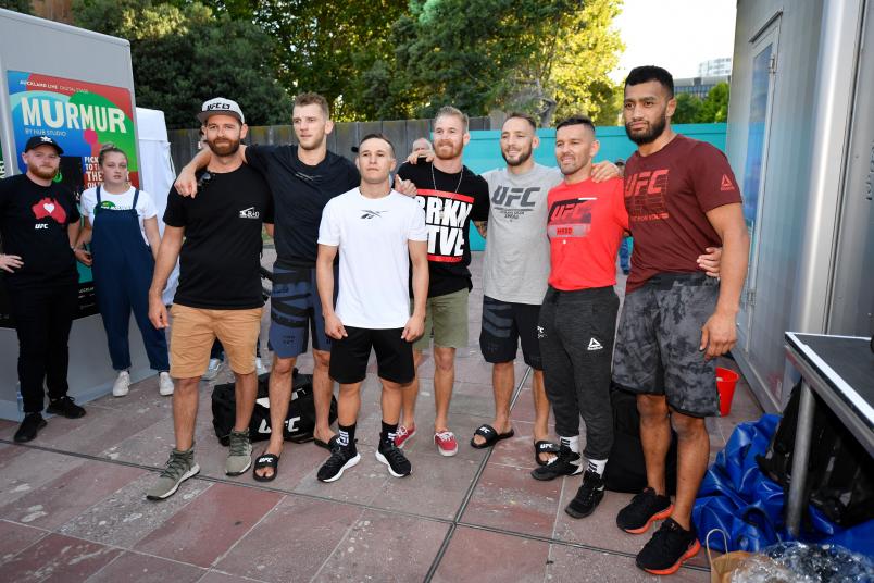 AUCKLAND, NEW ZEALAND - FEBRUARY 20: City Kickboxing teammates Dan Hooker, Kai Kara-France, Brad Riddell pose for a photo during the UFC Fight Night Open Workouts at Aotea Square on February 20, 2020 in New Zealand. (Photo by Jeff Bottari/Zuffa LLC)