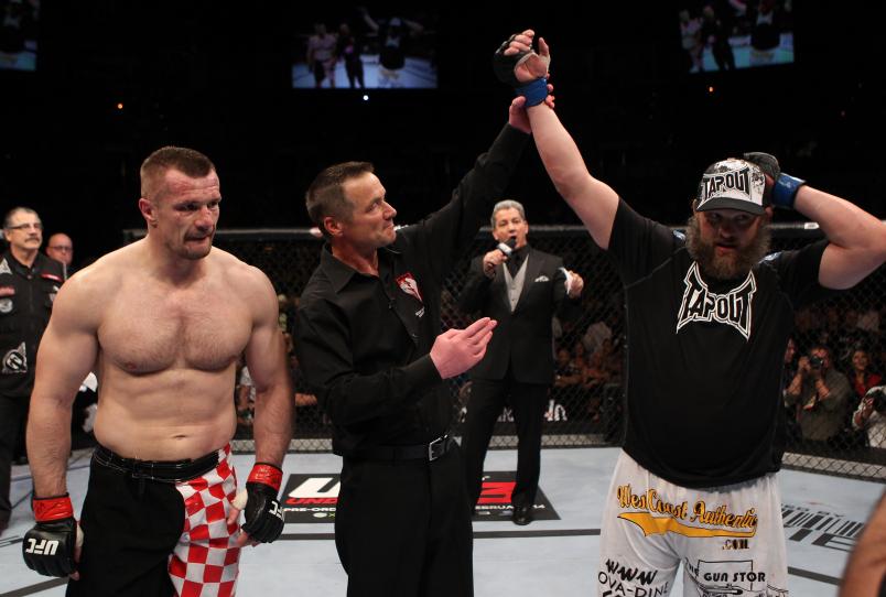 LAS VEGAS, NV - OCTOBER 29: Roy Nelson (R) reacts after defeating Mirko Cro Cop (L) by TKO during the UFC 137 event at the Mandalay Bay Events Center on October 29, 2011 in Las Vegas, Nevada. (Photo by Jed Jacobsohn/Zuffa LLC/Zuffa LLC via Getty Images)