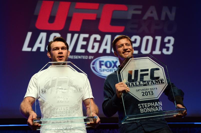 Forrest Griffin and Stephan Bonnar pose for photos with their UFC Hall of Fame plaques during the UFC Fan Expo Las Vegas 2013 at the Mandalay Bay Convention Center on July 6, 2013 in Las Vegas, Nevada. (Photo by Al Powers/Zuffa LLC)