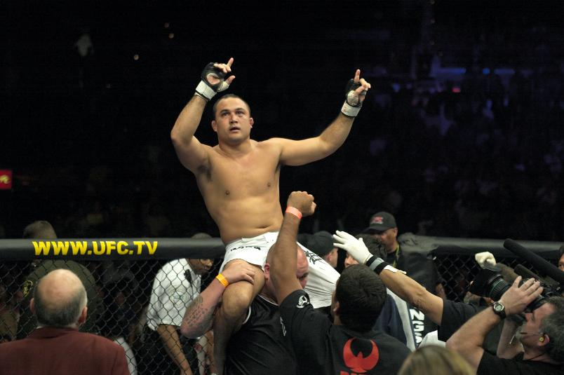 LAS VEGAS, NV - JANUARY 25: B.J. Penn reacts after his submission victory over Matt Hughes during their welterweight championship bout at UFC 46 inside the Mandalay Bay Events Center on January 25, 2004 in Las Vegas, Nevada. (Photo by Josh Hedges/Zuffa LLC/Zuffa LLC via Getty Images)