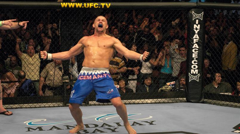 LAS VEGAS, NV - APRIL 02: Chuck Liddell reacts after knocking out Tito Ortiz during their light heavyweight championship bout at UFC 47 inside the Mandalay Bay Events Center on April 2, 2004 in Las Vegas, Nevada. (Photo by Josh Hedges/Zuffa LLC/Zuffa LLC via Getty Images)