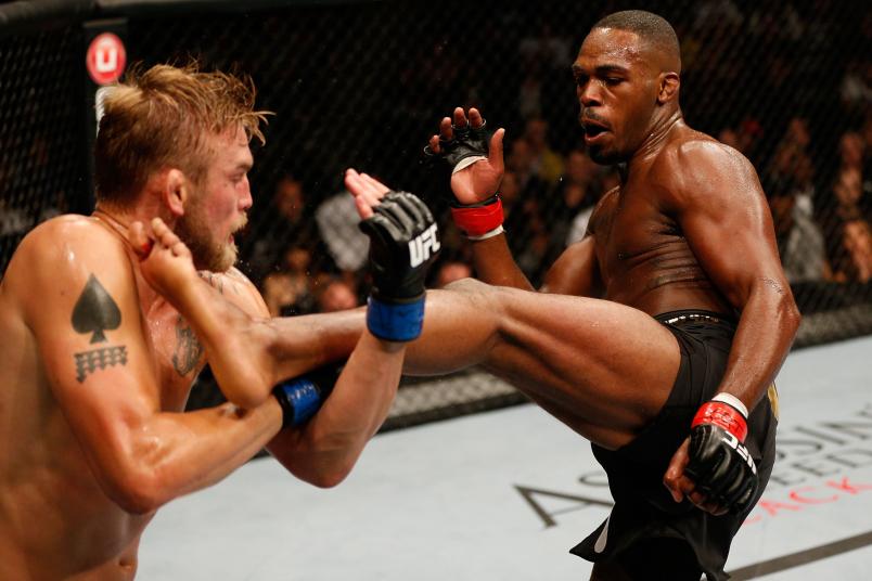 Jon 'Bones' Jones kicks Alexander 'The Mauler' Gustafsson in their UFC light heavyweight championship bout at the Air Canada Center on September 21, 2013 in Toronto, Ontario, Canada. (Photo by Josh Hedges/Zuffa LLC via Getty Images)