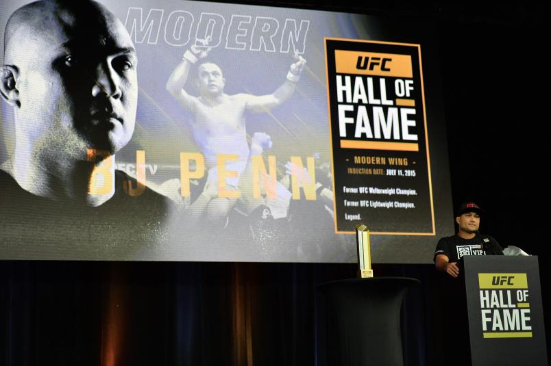 LAS VEGAS, NEVADA - JULY 11: BJ Penn gives his acceptance speech as he is inducted into the UFC Hall of Fame at the UFC Fan Expo in the Sands Expo and Convention Center on July 11, 2015 in Las Vegas Nevada. (Photo by Brandon Magnus/Zuffa LLC/Zuffa LLC via Getty Images)