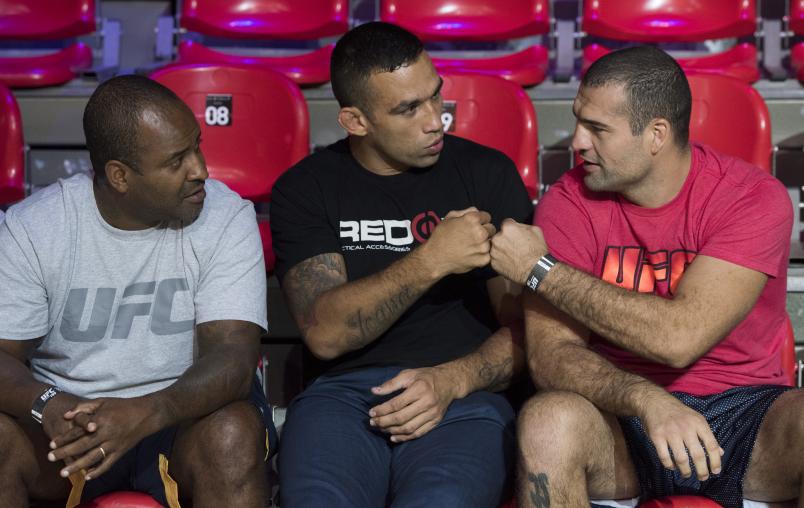 RIO DE JANEIRO, BRAZIL - JULY 31: (L-R) Rafael Cordeiro, UFC heavyweight champion Fabricio Werdum and Mauricio 'Shogun' Rua wait backstage during the UFC 190 weigh-in event at the HSBC Arena on July 31, 2015 in Rio de Janeiro, Brazil. (Photo by Mike Roach/Zuffa LLC/Zuffa LLC via Getty Images)