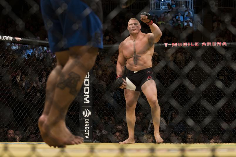 Brock Lesnar fights against Mark Hunt during UFC 200 at T-Mobile Arena on July 9, 2016 in Las Vegas, Nevada. (Photo by Cooper Neill/Zuffa LLC via Getty Images)