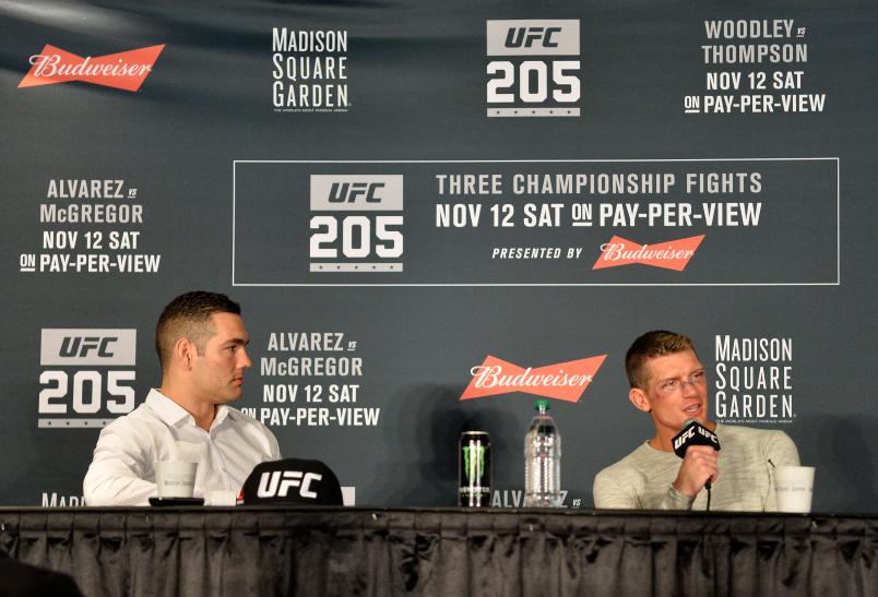 NEW YORK, NY - NOVEMBER 12: (L-R) Chris Weidman and Stephen Thompson speak to the media during the UFC 205 post fight press conference at Madison Square Garden on November 12, 2016 in New York City. (Photo by Brandon Magnus/Zuffa LLC)