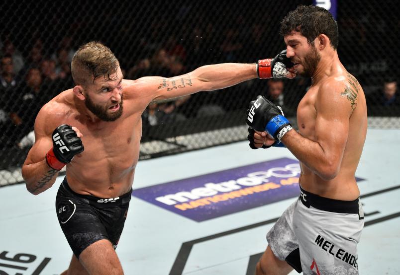 EDMONTON, AB - SEPTEMBER 09: (L-R) Jeremy Stephens punches Gilbert Melendez in their featherweight bout during the UFC 215 event inside the Rogers Place on September 9, 2017 in Edmonton, Alberta, Canada. (Photo by Jeff Bottari/Zuffa LLC/Zuffa LLC via Getty Images)