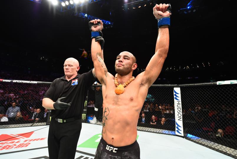 Frank Camacho of Guam celebrates his victory over Damien Brown of Austrailia in their lightweight bout during the UFC Fight Night event inside the Qudos Bank Arena on November 19, 2017 in Sydney, Australia. (Photo by Josh Hedges/Zuffa LLC via Getty Images)