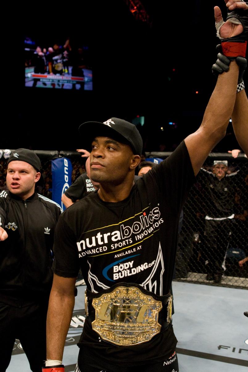CHICAGO,IL - OCTOBER 25: Anderson Silva (black/yellow shorts) def. Patrick Cote (white/red shorts) - TKO - :39 round 3 during the UFC 90 at Allstate Arena on October 25,2008 in Chicago,Illinois. (Photo by: Josh Hedges/Zuffa LLC via Getty Images)