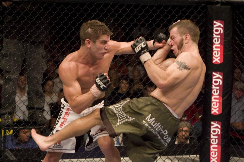 HOLLYWOOD, FL - JUNE 12: Spencer Fisher def. Sam Stout (white shorts) - unanimous decision during UFC Fight Night 10 at Hard Rock Live - Seminole Hard Rock Hotel & Casino on June 12, 2007 in Hollywood, Florida. (Photo by Josh Hedges/Zuffa LLC)