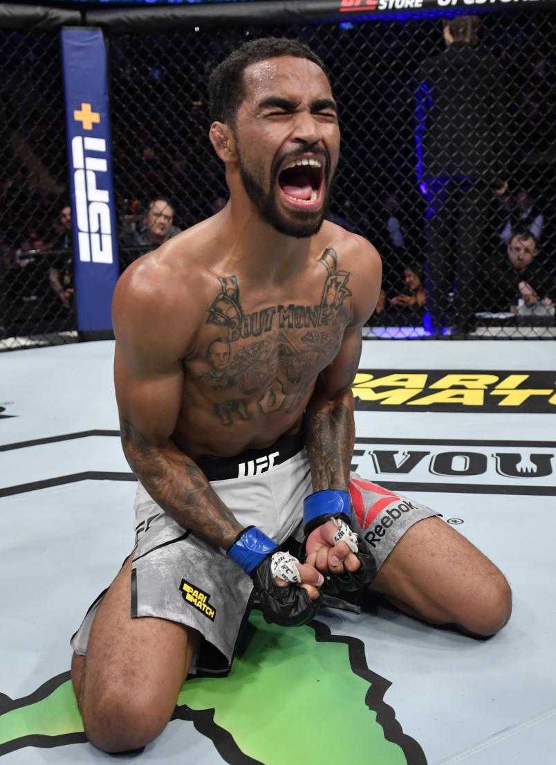 MOSCOW, RUSSIA - NOVEMBER 09: Roosevelt Roberts celebrates after defeating Alexander Yakovlev of Russia in their lightweight bout during the UFC Fight Night event at CSKA Arena on November 09, 2019 in Moscow, Russia. (Photo by Jeff Bottari/Zuffa LLC via Getty Images)
