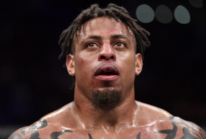Greg Hardy reacts after the conclusion of his heavyweight bout against Alexander Volkov during the UFC Fight Night event at CSKA Arena on November 09, 2019 in Moscow, Russia. (Photo by Jeff Bottari/Zuffa LLC via Getty Images)