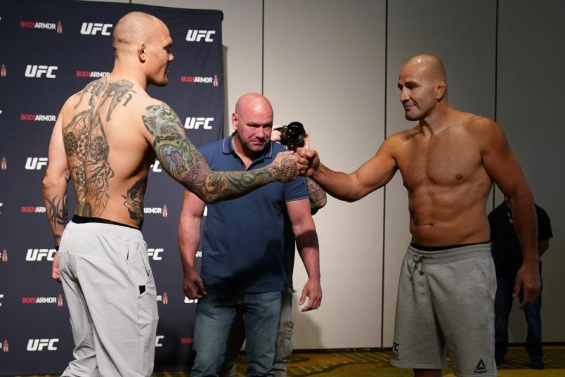 JACKSONVILLE, FLORIDA - MAY 12: (L-R) Opponents Anthony Smith and Glover Teixeira of Brazil face off during the official UFC Fight Night weigh-in on May 12, 2020 in Jacksonville, Florida. (Photo by Cooper Neill/Zuffa LLC via Getty Images)