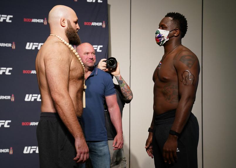JACKSONVILLE, FLORIDA - MAY 12: (L-R) Opponents Ben Rothwell and Ovince Saint Preux face off during the official UFC Fight Night weigh-in on May 12, 2020 in Jacksonville, Florida. (Photo by Cooper Neill/Zuffa LLC via Getty Images)