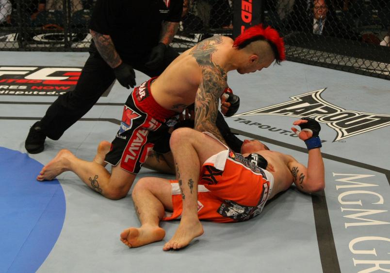 LAS VEGAS, NV - MAY 26: Dan Hardy (top) punches Duane Ludwig during a welterweight bout at UFC 146 at MGM Grand Garden Arena on May 26, 2012 in Las Vegas, Nevada. (Photo by Donald Miralle/Zuffa LLC/Zuffa LLC via Getty Images)