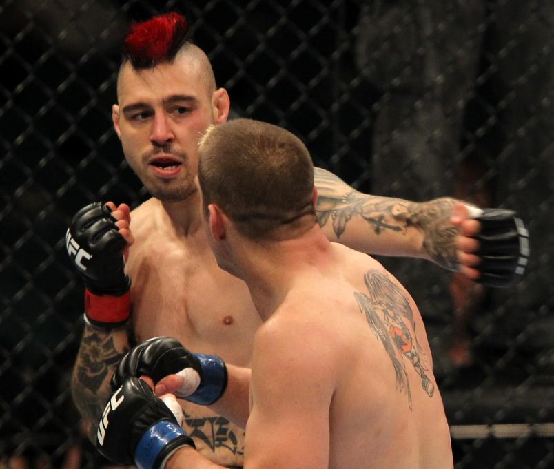 LAS VEGAS, NV - MAY 26: (L-R) Dan Hardy punches Duane Ludwig in their welterweight bout during UFC 146 at the MGM Grand Garden Arena on May 26, 2012 in Las Vegas, Nevada. (Photo by Josh Hedges/Zuffa LLC/Zuffa LLC via Getty Images)